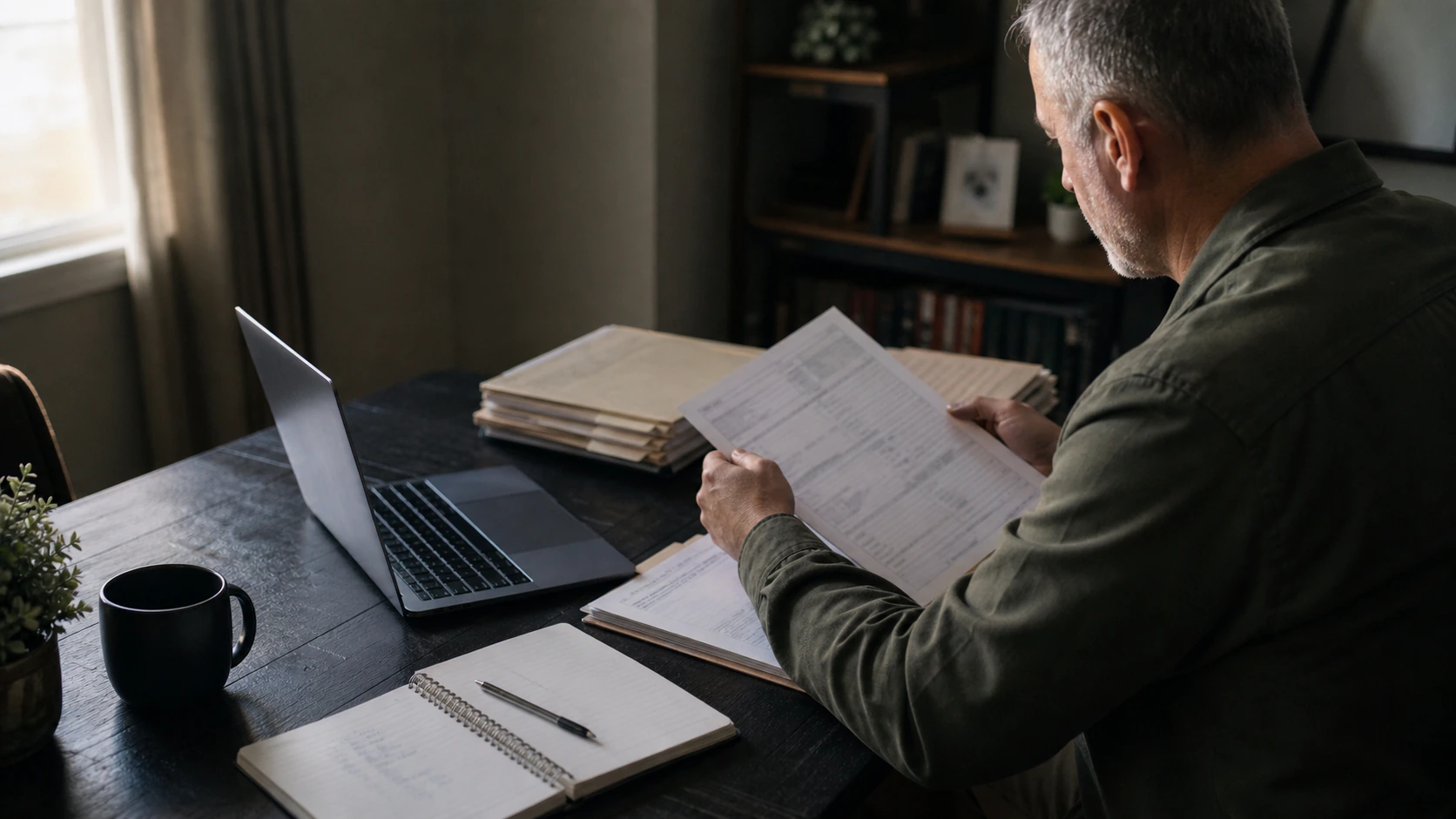 A veteran reviewing organized records beside a laptop at home